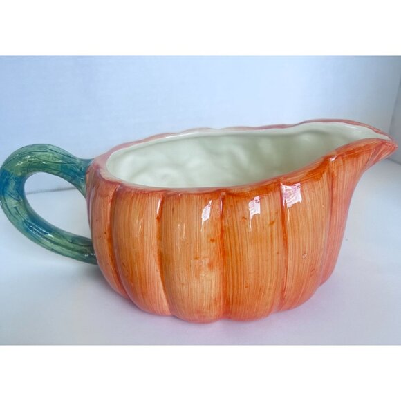 Ceramic Harvest-Themed Gravy Boat With Handle & Matching Spoon Hand-Painted - Picture 2 of 14
